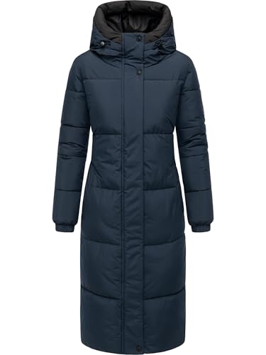 Navahoo Damen langer Wintermantel warmer Steppmantel mit 2-Wege-Reißverschluss und verstellbarer Kapuze Taublüte XIV Navy Gr. L