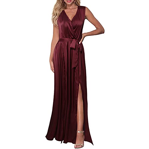 HOMOPHONY Women s Sexy Deep V Neck Sleeveless High Slit Summer Long Beach Party Maxi Dress Floor Length(Wine red，M)