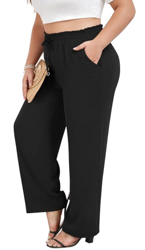 syoss Women's Plus Size Pants High Waist Adjustable Knot Lounge Pants Straight Long Trousers with Pockets3