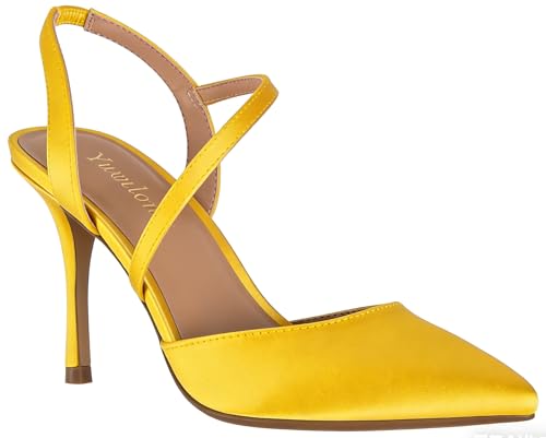 Closed Toe Satin Yellow High Heels for Women's Pumps Stiletto Heel 3.3 Inch Ankle Strap Pointed Toe Shoes Prom Dress Bride Satin Shoes for Wedding Dinner Party Sexy Yellow