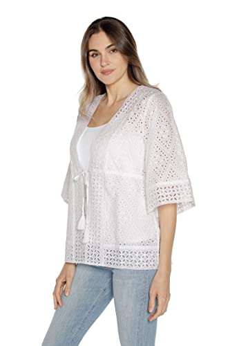 Cotton Eyelet And Embroidery Kimono Top With Waist Tie White #TOP3