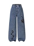 GORGLITTER Girl's Baggy Jeans Cat Print Wide Leg Denim Pants Athletic Cargo Pants Streetwear Medium Wash 10Y