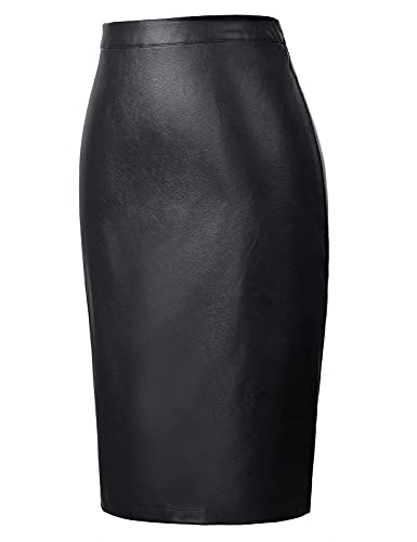 Kate Kasin Women's Faux Leather Pencil Skirt Stretchy Business Pencil Skirt Plus Size Black #TOP4
