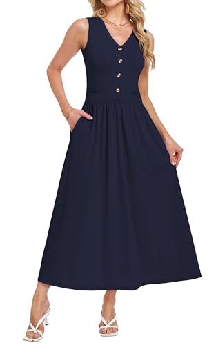 MOLERANI Summer Dress Womens 2026 Casual Sleeveless V-Neck Elegant Flowy Solid Maxi Long Sundress with Pockets,Wedding Guest Dresses,Brunch,Holiday(Navy Blue,XL)