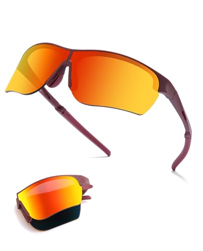 CNLO Sports Sunglasses for Men Women,Driving Fishing Cycling Mountain Bike Folding Sunglasses UV400 Protection(Purple frame dazzling red film)