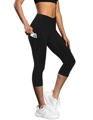 Fihapyli ICTIVE Women's Capris Yoga Pants with Pockets Crossover High Waisted Fitness Running Leggings Black L