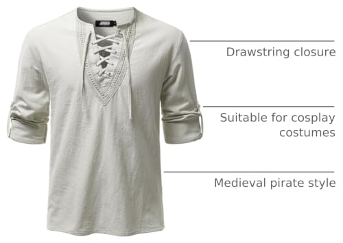 Image of JOGAL Mens Renaissance Shirt Medieval Pirate Viking Halloween Costume Gothic Steampunk Retro Long Sleeve Lace Up Shirts