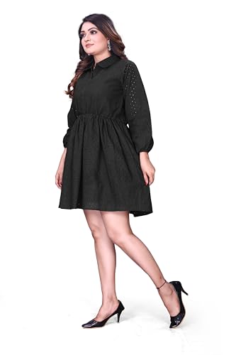 Image of Women's Cotton Self Design Chicken Work Midi Dress for Women | One Piece Dress for Women