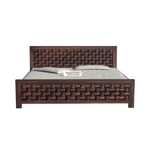 Image of Classic Niwar Style Sheesham Wood King Size Bed Without Storage (81x74 Inch) | Wooden Double Bed Cot for Bedroom Furniture | Modern Palang Bed | Walnut Finish