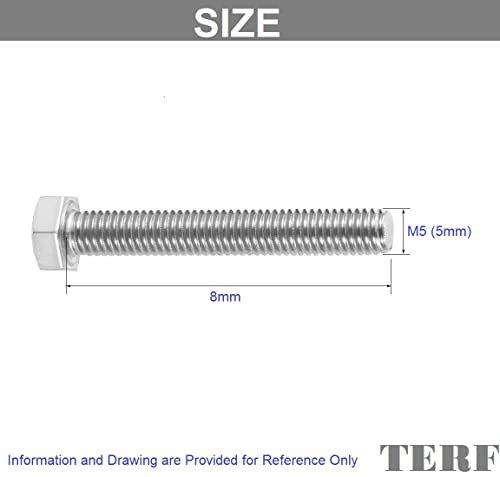 TERF® M5 X 8mm Hex Bolts Fully Threaded Set Screw M5 (5mm) X 8mm Hex Head Cap Hexagonal Bolts - Pack of 25 - Image 3