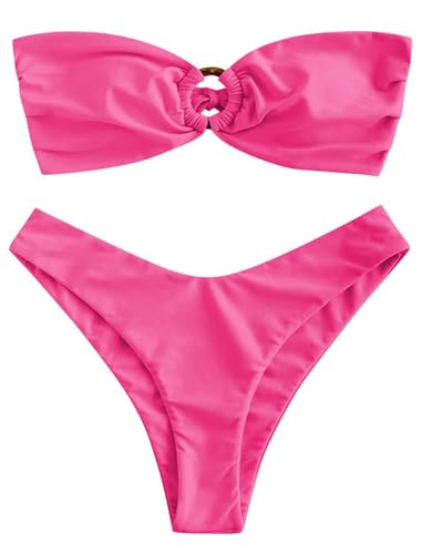 Image of ZAFUL Women's Bandeau Bikini O Ring Strapless Tie Back High Cut Two Piece Swimsuit Bathing Suits