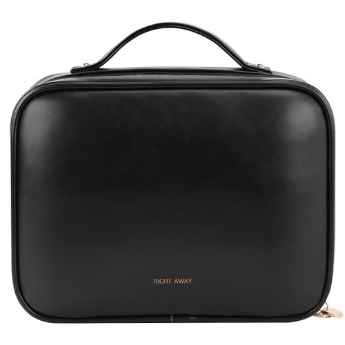 RIGHT AWAY Travel Toiletry Bag for Women, Makeup Bag& Cases, Waterproof Makeup Organizer Cosmetic Bag with Compartments,Portable Make Up Bag for Travel Size Toiletries,Skincare,Brushes Set,Black