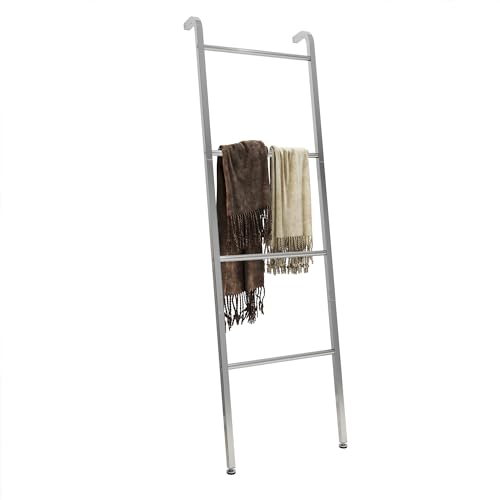 Towel Rail Freestanding, 4-Level Towel Holder Rack, Wall-Leaning Decorative Ladder, for Throws/Blankets/Bath&Hand Towels/Washcloths, for Bathroom, Bedroom, Living Room, Laundry, Grey