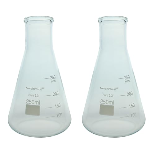 Norchemist Borosilicate Glass Erlenmeyer Flask (Conical Flask), Heavy Wall, Narrow/Ground Neck, Reinforced Rim (2 x 250 ml)