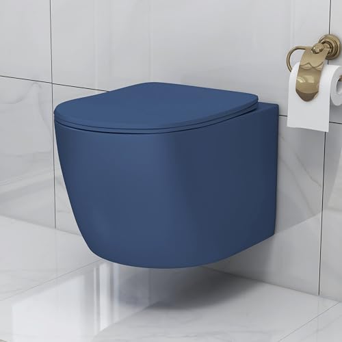 Image of Plantex Imported Ceramic Wall Hung Commode /Rimless Washdown Western Toilet /Commode with Soft Close Toilet Seat - P Trap (Round- Dark Blue)