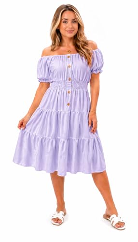 Image of Women's Off Shoulder Midi Dress Summer Smocked Waist Button Front Tiered Swing Dress Short Puff Sleeve Casual Holiday Dress One Size (12- 30) (UK, Numeric, 12, 30, Regular, Regular, Lilac)