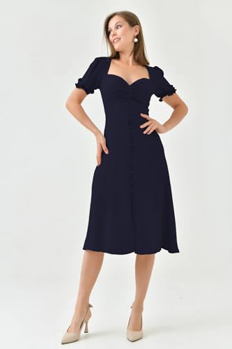 Image of Shasmi Girl's & Women's Solid Midi Dress - Elegant Square Neck Button-Down Dress with Puff Short Sleeves | Stylish Casual & Party & Office Wear Outfit (Dress 105)
