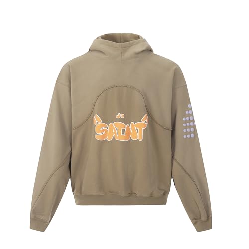 Arnodefrance Men Vintage Graphic Hoodie Purple Grey Patchwork Cotton Hoodies Pullover Sweatshirt