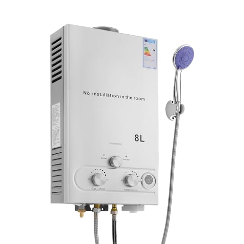 16KW LPG Durchlauferhitzer, 8L Kapazität – Sofortige Warmwasser mit Duschkopf & Schlauch – Mobiler...