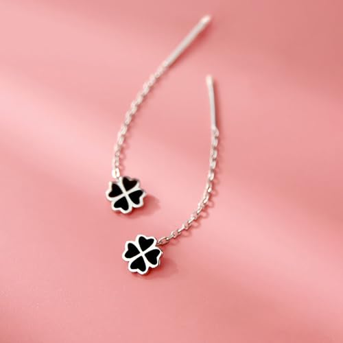 Reffeer Solid 925 Sterling Silver Leaf Clover Dangle Earrings Chain for Women Teens Girls Black Leaf Tassel Drop Earrings Threader St. Patricks Earrings (A-Silver)4