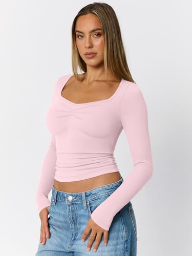 Trendy Queen Womens Long Sleeve Shirts Going Out Crop Tops Sweetheart Neck Workout Tops3