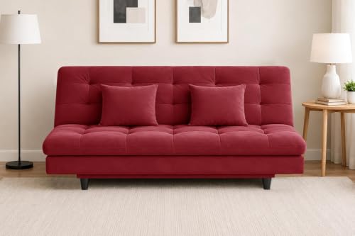 Image of Modern 3-Seater Futon Sofa Bed with Tufted Sleeper Couch Sofa with Adjustable Backrest- Living Room Furniture-Red