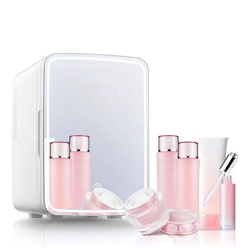 Mini Fridge for Bedrooms 10L, Skincare Beauty Fridge with LED Mirror, Quite Mode, Portable Small Fridge, 220V AC/12V DC, Cosmetic, Office, Home or Car, White