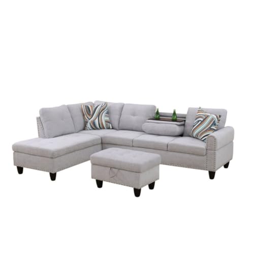 Image of L-Shaped 3-Piece Flannel Sofa with Ottoman, Sectional Couch Set for Living Room, Office, Apartment, with Cup Holder, Grey White