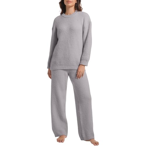 Image of BOSECETA 2 Piece Fleece Pajamas for Women Set Loungewear Outfits Knit Sweater Womens Long Sleeve Fuzzy Pajama Sets