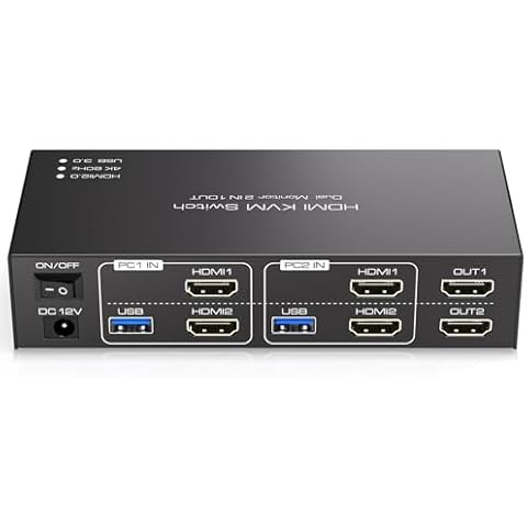 HDMI KVM Switch Dual Monitor 2 Computers KVM Switch Support 4K@60Hz USB 3.0 KVM Switches Share Dual Monitors and 4 USB 3.0 Ports Support Extended/Copy Mode with DC 12V Adapter&Wired Controller Cover