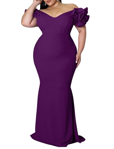 Image of Ekaliy Women's Plus Size Maxi Dress Elegant V-Neck Ruffle Sleeves Bodycon Mermaid Evening Gown
