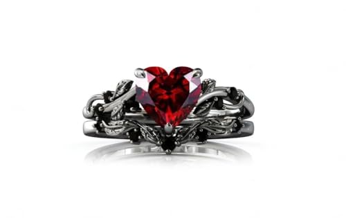 Generic vintage heart shape red garnet Wedding ring set Promise ring Engagement Ring set womens ring anniversary ring set, rose gold