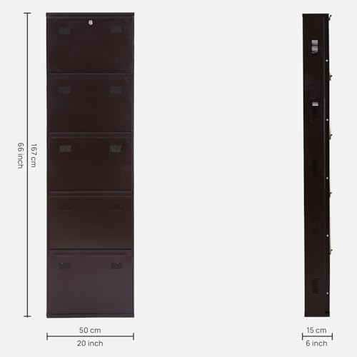 Image of Metal Shoe Rack Wall Mounted for Home with Central Locking | 5 Door 20 inch Wall Mounted Metal 10 Pair Shoe Rack Cabinet | Pre-Assembled Rack Shelves | 3 Year Warranty (Brown)