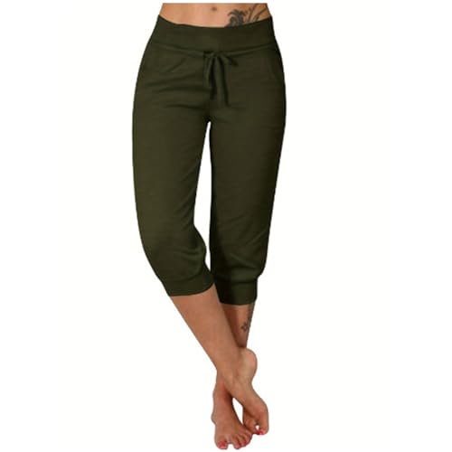 Capri Leggings for Women Drawstring Elastic Waist Pants Summer Casual Jogging Workout Athletic Slacks with Pockets(#01 Army Green,XX-Large)