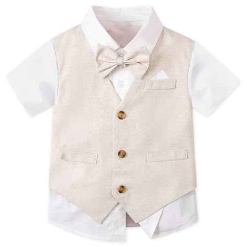 Image of SANGTREE Baby Boy Suit Wedding Ring Bearer Outfits Vest Short Sleeve Bowtie Shirt Suspender Summer Gentleman Shorts Sets