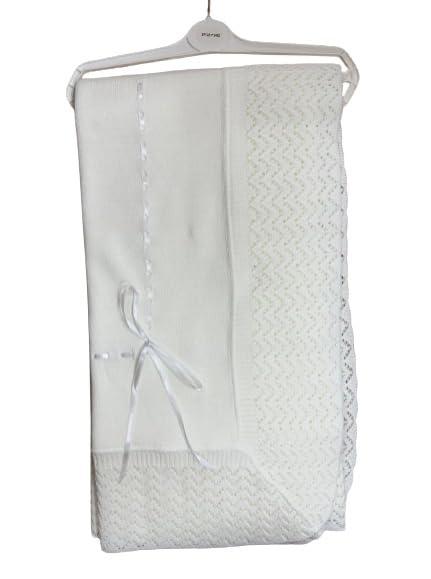New Adorable Baby Blanket Spanish Knitted Shawl with Ribbon: Soft and Stylish Wrap for Your Little One (White)
