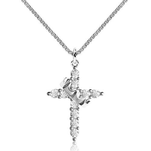 OOTDAY Crown Cross Necklace for Women 14K Silver Plated Cubic Zirconia Crown Cross Necklace Diamond Silver Cross Necklaces Non-Tarnish Dainty Cross Faith Simple Trendy Charm Jewelry Gifts for Women