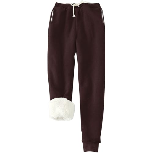 Fleece Lined Sweatpants Women Thick Sherpa Elastic High Waist Warm Winter Joggers Cozy Soft Jogger Pants with Pockets Casual Thermal Fleece Lined Leggings Petite Comfy Lounge Sweat Pants Brown L1
