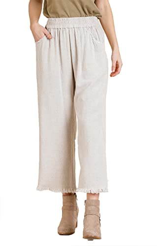 Umgee Womens Wide Leg Pant with Elastic Waist, Pockets, and Frayed Hem