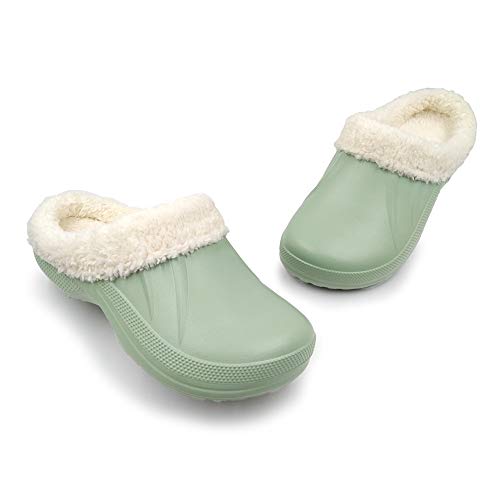 Amoji Winter Lined Clogs Fur Garden Shoes Fleece Lining S Ferry Indoor Slippers Warm House Shoes Room Fuzzy Liner Furry Fluffy Mule 1534 Green 9 Women/7 Men #TOP6
