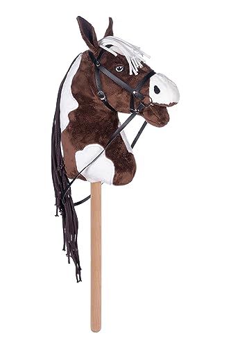 HKM Hobby Horse – Steckenpferd braun/weiß, abnehmbare Trense & Lange Mähne, 40 cm Holzstiel – für Hobby Horsing Dressur & Parcours