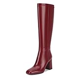 SOVANYOU Red Knee High Boots Leather Tall Boots for Women Square Toe Chunky Heeled Tall Red Boots Go-Go Long Boot