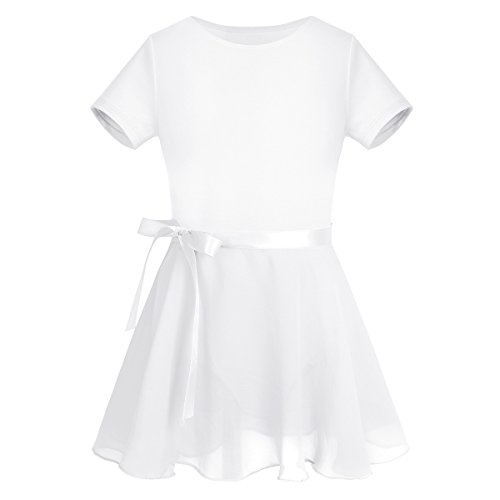 FEESHOW Kids Girls' Ruffle Flutter Sleeve Gymnastic Leotard Ballet Tutu Dress Skirt Princess Dance wear Costumes White Set 12-14