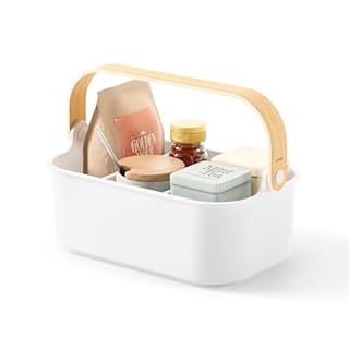 Umbra Bellwood Stackable Bin, 11" x 7" Durable Lightweight Container with Wooden Handle and Removable Dividers, White/Natural