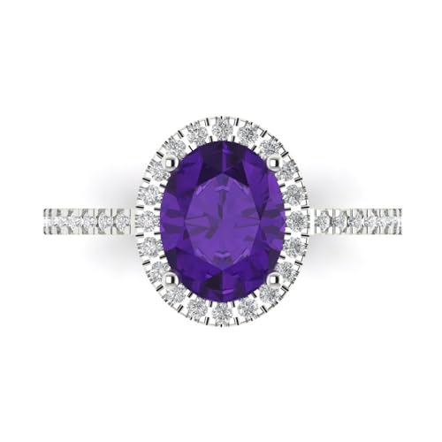 2.27 ct Oval Cut Natural Amethyst 14k White Gold Halo Solitaire with Accents Wedding Engagement Bridal Promise Ring