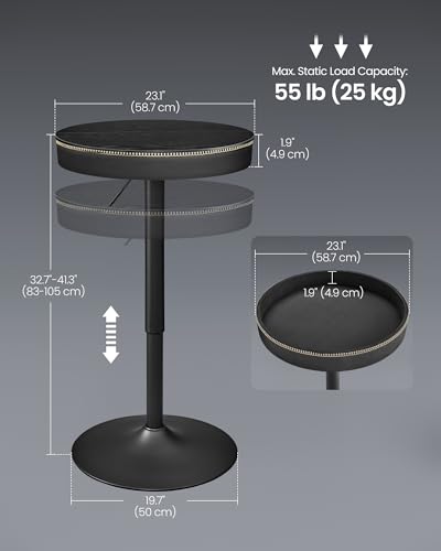 VASAGLE EKHO Collection - Height Adjustable Bar Table, Round High Pub Table with Storage, Synthetic Leather with Stitching, Mid-Century Modern, Kitchen Home Bar, Ebony Black and Ink Black