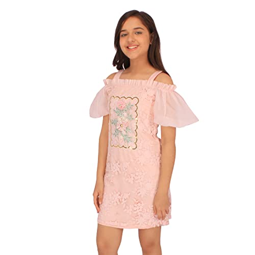 Image of Cutecumber Girls Organza Embroidered Cold Shoulder Shift Cream Dress.CC7065D-CREAM