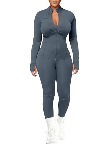UOUA Womens Workout Set Two Piece Outfits Bodycon Long Sleeve Zipper Jacket & Leggings for Gym Tracksuit GreyBlue S