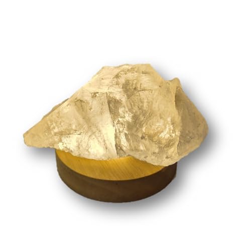 Edelsteinartikel Bergkristall Rohstein mit LED Holzsockel, Warmweiß und Kaltweiß Beleuchtung, Naturstein 400-500 g für Wohnraum, Schlafzimmer und Büro, Nachtlicht (Warmweiß BK)