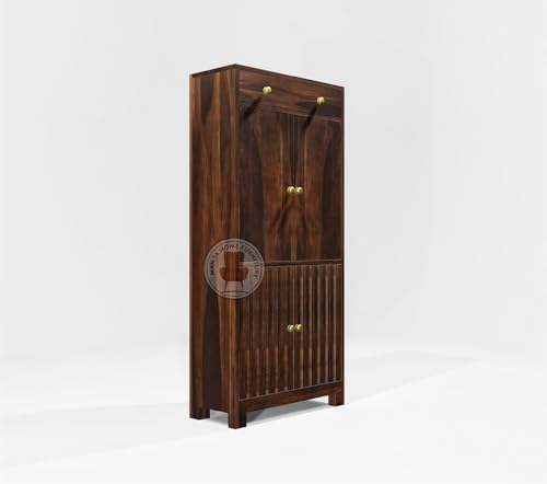 Image of Sheesham Wood Shoe Rack for Living Room | Wooden Shoe Cabinet with Drawers Storage for Home (Walnut Finish)